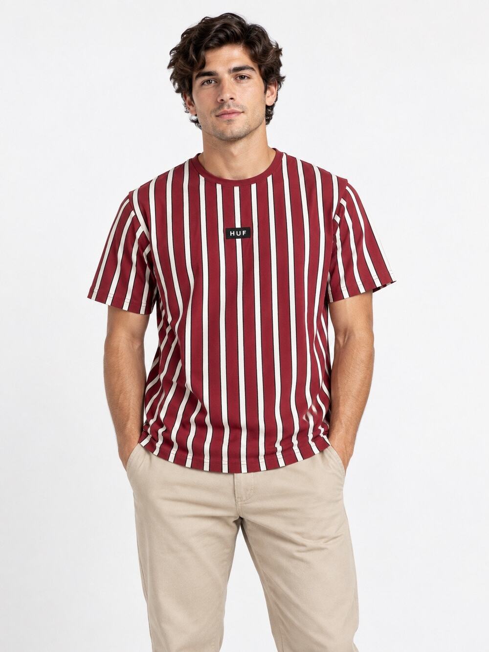 HUF Men’s Size Large Burgundy Vertical Stripe Logo T-Shirt Streetwear